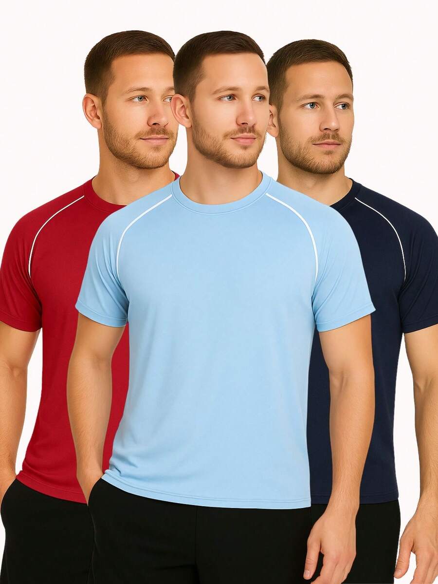 Kit With 3 T-Shirts Dry Fit Shirts Plain Black-White Gray Men's Short Sleeve - Casual - Training - Gym - Sports - Exercises - Running-Party - Màu xanh nhạt - Xem 1