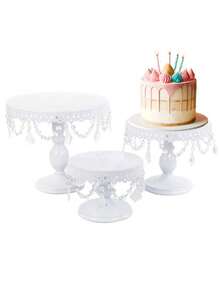 3Pcs Antique Cake Stand Set - Round Metal Cupcake Stands With Pendants And Beads - Elegant Dessert Display, For For Wedding, Birthday Party Decor, Gold/Champagne/Cream White,Holiday Decor,Christmas Gifts - trắng - Xem 6