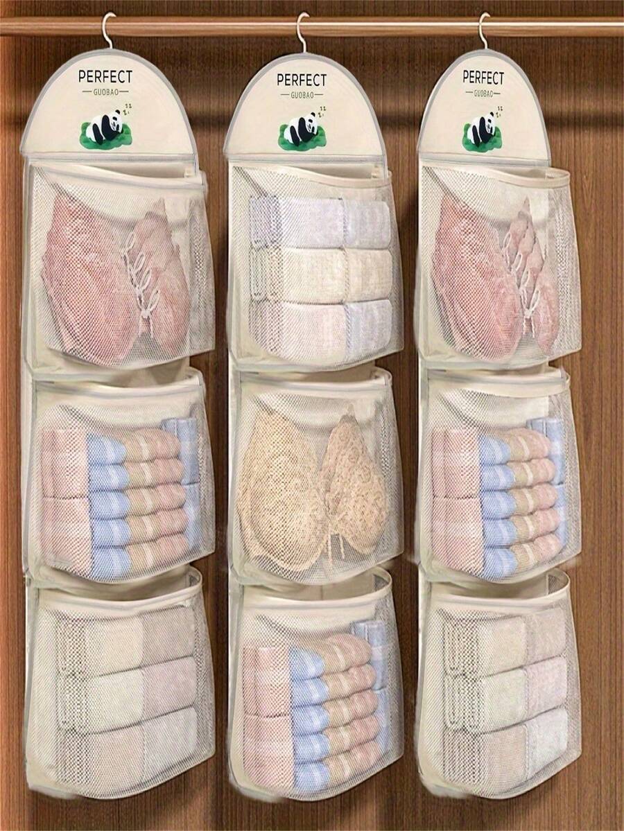 3-Layer Hanging Underwear, Socks And Bra Storage Net Bag - Suitable For Dorm And Home Wall-Mounted Transparent Pocket Design | Multi-Layer Clothing Organization Storage Bag - Multicolor - View 1