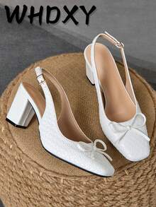 WHDXY 1 Pair Women's Square Toe Backless Casual Slip-On Pumps With Bowknot Decor, 7CM Chunky Heel, Sexy Dress Shoes For Work, Flight Attendant, Party
