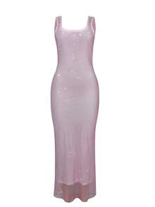 Elisanya Elegant Sexy Straps Sequins Mesh Sparkly Rhinestone Halter Dress Female Temperament Party Birthday Graduation - Pink - View 5