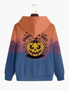 Men's Drawstring Hoodie, Pumpkin & Bat Halloween Graphic, Colorblock Smiling Face 3D Digital Print, Casual Streetwear Sweatshirt For Autumn/Winter