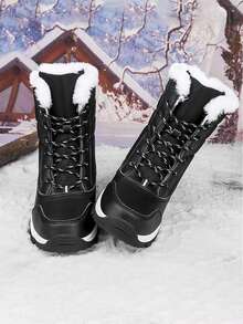 New Style Plush And Warm Outdoor Snow Boots For Cold Winter, Large Size Women's Shoes, Fashionable High-Top Hiking Boots, Women's Lace-Up Boots - 黑色 - 查看 6