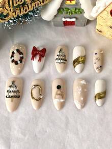 10片/套 女士/女孩亚克力假指甲，含美甲贴纸，手工杏仁形设计，全面贴合，方便实用。采用亚克力材质，经久耐用，可重复使用。这款易于佩戴的假指甲套装包含美甲用品。适合派对、新年庆祝活动、情人节和其他节日，也是理想的礼物之选。 - 彩色 - 查看 3