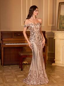 UNITHORSE [Random Cut] Women Off Shoulder Backless Dress, Shiny Sequins Elegant Evening Party Dress, Bride Dress, Birthday Outfits, Graduation Dress, Formal Dress - 香檳色 - 查看 6