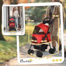 PawHut Pet Stroller Foldable Travel Carriage W/ Brake Basket Canopy, Red - Red - View 3
