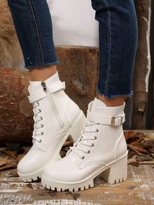 欧美简约时尚秋冬新款西部高跟短靴金属腰带水钻扣装饰粗跟厚底靴子靴子 - 白色 - 查看 2