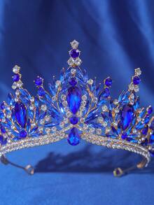 1 pieza Elegante y lujoso tocado de corona barroca con rhinestones para mujer, accesorio para el cabello de novia y boda, tiara romántica de princesa para fiesta de baile, accesorio de San Valentín - Azul - Ver 4