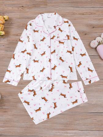 Set de 2 piezas de pijama para mujer con estampado de corazón y cachorro, blusa de manga larga con cuello y pantalones sueltos con elástico, ropa de dormir y de estar por casa casual para mujer, para todas las estaciones, ropa de otoño e invierno