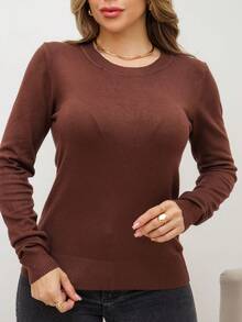 SUNNY FASHION Women's Long Sleeve Sweater Blouse Winter ROUND NECK BASIC - Café integral - Ver 1
