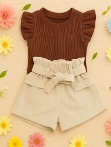 Children's Set Cropped Frufru Blouse + Linen Clochard Shorts Kit With 2 Super Stylish Pieces CJI033 - Nude and Brown - View 1
