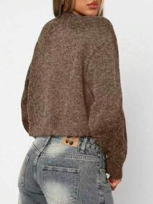 Chaqueta de punto tipo cárdigan de cuello redondo minimalista de un solo botonadura y color liso, nueva colección de otoño - Marrón - Ver 3