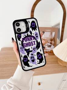 1 Piece Halloween Pattern Metal Stand Phone Case With Black And Purple Ghost Pattern, Compatible With Magnetic Charging, Built-In Lens Protector And Adjustable Stand, Suitable For IPhone 16 Pro Max Phone Case/16E/15/14/13/12/11/Pro/Pro Max/Plus Phone Case - Black FS8222 - View 1