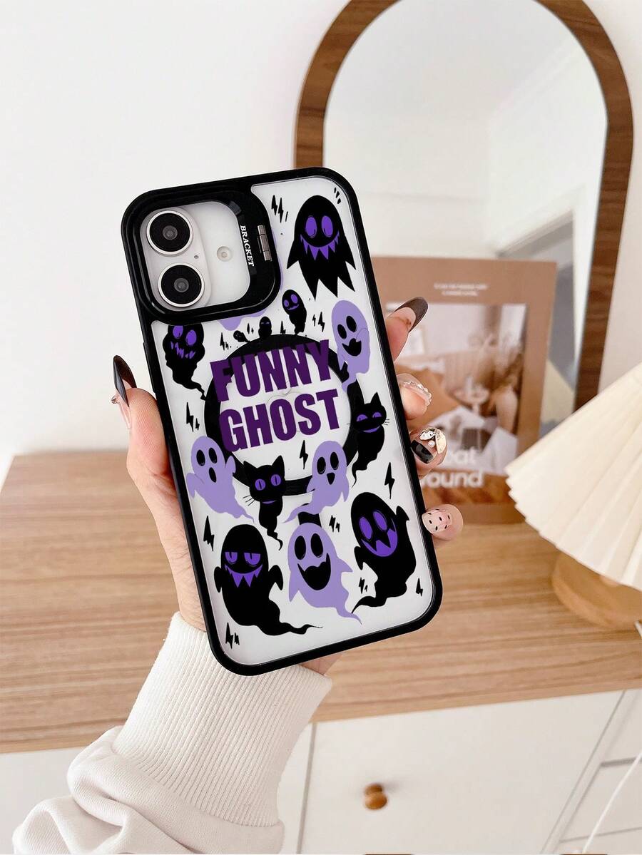1 Piece Halloween Pattern Metal Stand Phone Case With Black And Purple Ghost Pattern, Compatible With Magnetic Charging, Built-In Lens Protector And Adjustable Stand, Suitable For IPhone 16 Pro Max Phone Case/16E/15/14/13/12/11/Pro/Pro Max/Plus Phone Case - Black FS8222 - View 1
