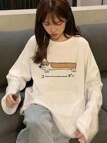 女士宽松日本猫咪印花长袖棉质T恤，百搭春秋两季 - 白色 - 查看 3