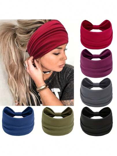 6/1件装秋冬宽发带，纯色，优质面料 - 弹力十足，防滑，吸湿排汗，适合户外运动和日常佩戴，时尚发饰，女士发带