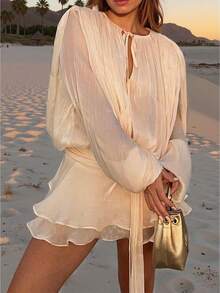 فستان قميص بأكمام فانوس مزدوج الطبقة بياقة كشكشة مربوطة على الطراز الألفية، لا يشمل الحزام، ملابس عيد الميلاد الأنيقة والجذابة للسيدات، فستان عيد الميلاد، فستان ضيف الزفاف، مناسب للمناسبات الرسمية#ليلة الجالا #فستان الخريف #الخريف الأنيق