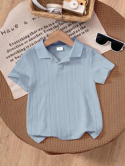 Young Boy Casual Light Blue Cable Knit Polo Shirt, Easy Care