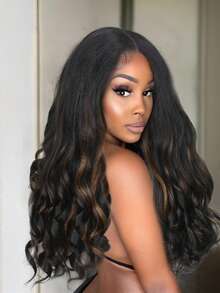 DUOZIMEI 22 Inch Mixed Brown African Curly U/V Part Wig, Fluffy Curly, Synthetic Fiber Fluffy Straight Hair, No Glue, Women Half Head Wig Without Clips - Brown - View 12