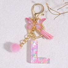 1个个性化粉色字母钥匙扣，配有可爱蝴蝶吊坠 - 树脂材质，爱心亮片字母吊坠钥匙扣 - 时尚配饰，适用于包包、背包和车钥匙 - 是送给女性和女孩的理想圣诞礼物，可作为包包配饰、挂绳、证件夹、汽车配饰、包包挂饰、汽车配件、老师、朋友、姐妹的礼物 - 粉色 - 查看 23