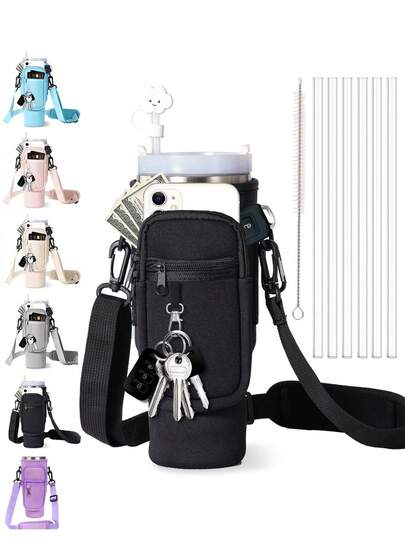 40/30oz Tumbler Cup Holder + Straw, Water Bottle Accessory Set (Cup Holder + Phone Pocket + Keychain + Straw), Water Bottle Bag With Phone Pocket, Cup Protective Cover, Water Bottle Insulated Bag, Cup Holder (With Phone Pocket), Without Straw Cap, Suitable For 40/30oz Glass Cups, With Handle, Can Be Carried Crossbody,