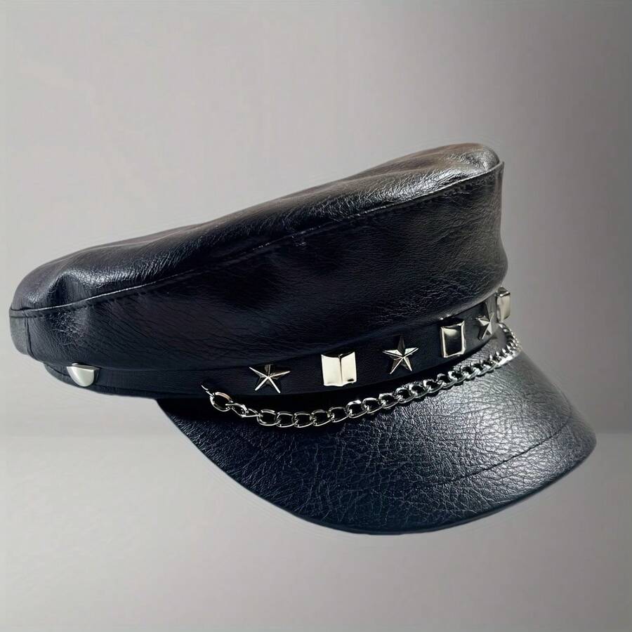 PU Rivet Show Navy Cap Slim Baseball Cap New Personality Punk Hip-Hop Style Beret - <>Chuỗi sao ngũ giác - Xem 1