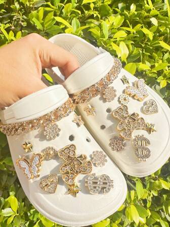 22pcs Rhinestone Accent Teddy Bear, Butterfly, Star Detachable Shoe Charms Decorations, Suitable For Garden Shoes, Beach Sandals & Slippers