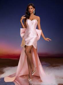 Women's Faux Pearl Backless Bow Decor Elegant Strapless Cocktail Dress - Hồng - Xem 4