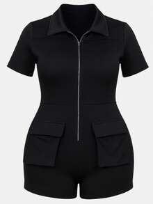 Short Cargo Jumpsuit Plus Size Tight Fashion Gringa Fitness Everyday Stylish Summer - Black - View 2