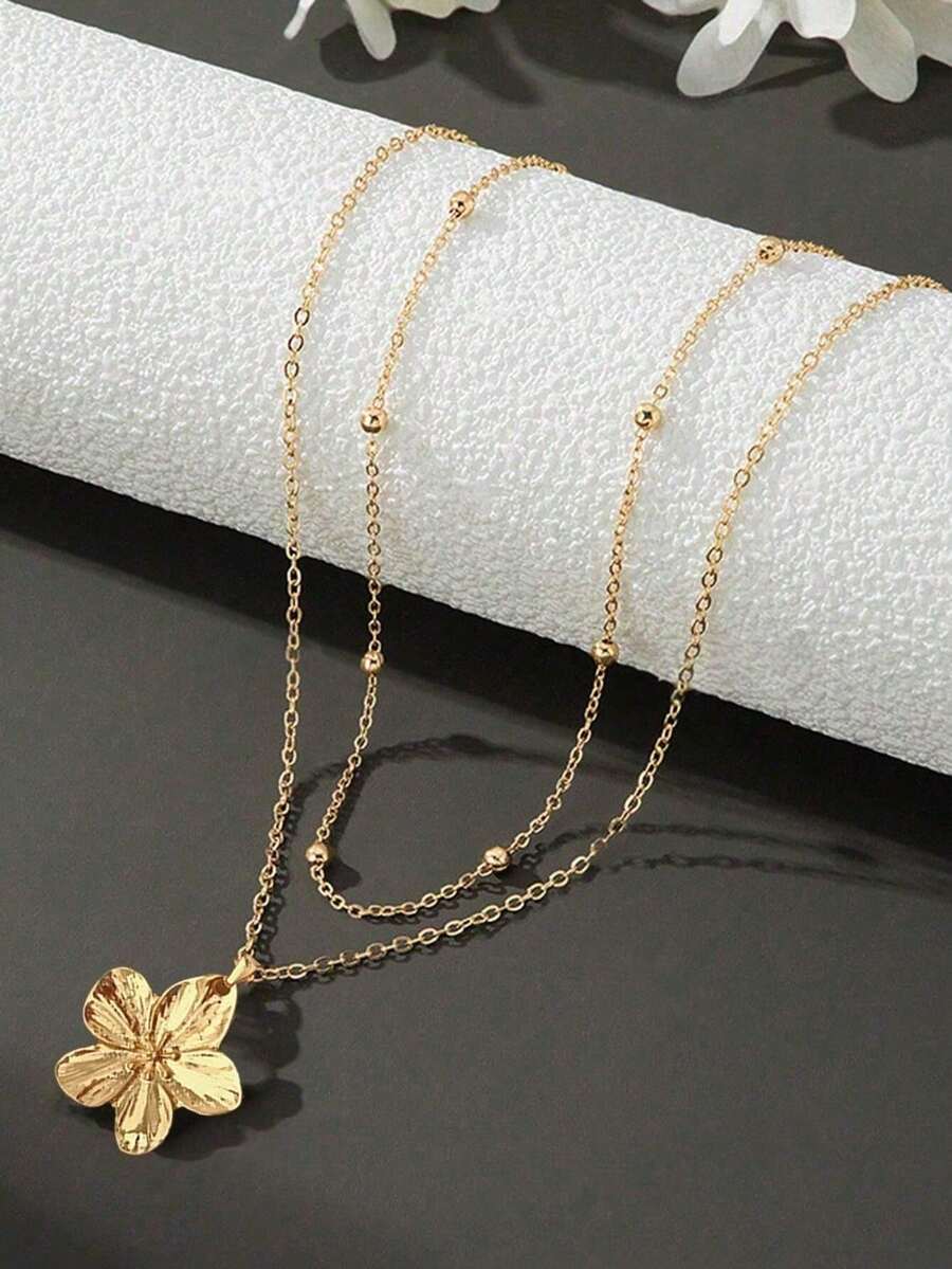 1pc Fashionable Gold Floral Pendant Necklace, Single/Multi-Layer Chain Design, Suitable For Daily, Vacation, Party, Gift (Random Bead Quantity)