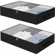 Black Underbed Storage Bags With Clear Window And 2 Reinforced Handles Under Bed Storage Containers For Clothing, Bedding, Comforter (2 Packs)