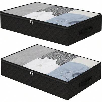 Black Underbed Storage Bags With Clear Window And 2 Reinforced Handles Under Bed Storage Containers For Clothing, Bedding, Comforter (2 Packs)