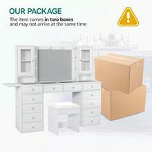 FUSOU Dressing Table With Mirror & LED Lights, Vanity Desk With 12 Drawers, 2 Cabinets, Fold-Up Panel, Glass Top & Chair, White Makeup Table For Bedroom - White - View 10