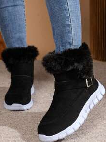 Women's Snow Boots With Buckle Decoration, Faux Suede And Teddy Fleece Lining, Simple Outdoor Sports Warm Snow Boots, Thick-Soled Short Snow Boots, Women's Flat Short Winter Fleece-Lined Warm Boots - 黑色 - 查看 4