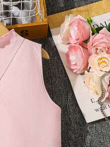 Left Mama Girls' Elegant Stand Collar Sleeveless Pleated Dress, Summer - Pink - View 4