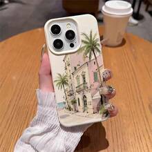 1pc TPU Material Tropical Scenery European Coastal Architecture Palm Tree Pattern Phone Case Compatible With IPhone/ - White - View 4
