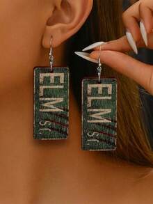 1 Pair Retro Rectangular Wooden Letter Print Earrings, Halloween Horror Style Earrings Accessories For Women