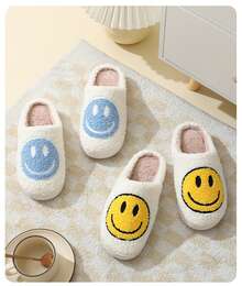 Women's Retro Cartoon Face Slippers, Thick Plush Sole & Soft Warm Lining, Cute Healing Print, Comfy Indoor-Outdoor House Shoes - 藍色 - 查看 4