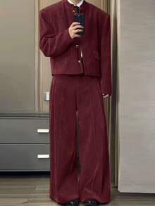 INCERUN Mens Stand Collar Buttons Long Sleeve Jacket Coat Corduroy Long Pants Zipper Bottoms Trousers Fall Casual 2PCS Sets Outfits - 酒紅 - 查看 1
