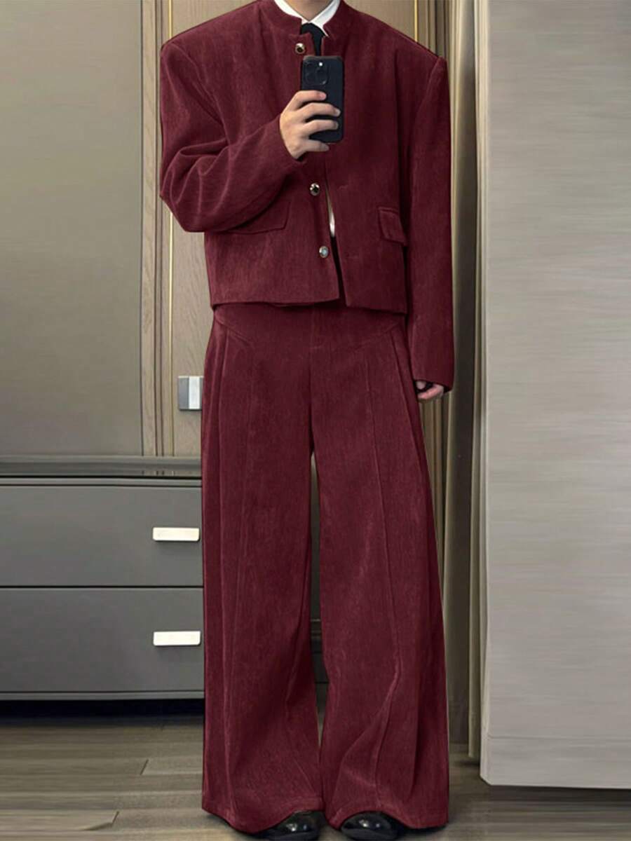 INCERUN Mens Stand Collar Buttons Long Sleeve Jacket Coat Corduroy Long Pants Zipper Bottoms Trousers Fall Casual 2PCS Sets Outfits - 酒紅 - 查看 1