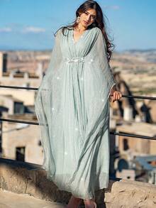 Fashion Light Green Dress: V-Neck And Waist Delicate Pearl Decor, Flowing Butterfly Sleeve Shiny Fabric Making Elegant Style