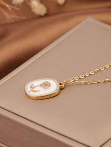 1件18K镀金不锈钢复古纹理几何玫瑰花吊坠可调节项链，百搭、优雅、浪漫，适合女性日常佩戴、度假、送给朋友和女友的礼物，社交送礼佳品。 - 金色 - 查看 4