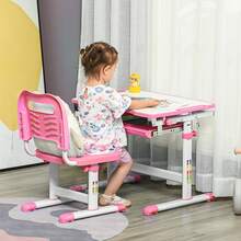 HOMCOM Kids Desk And Chair Set, Height Adjustable Student Writing Desk, Children School Study Table With Tiltable Desktop, Drawer, Pen Slot, Hook - Pink - Pink - View 1