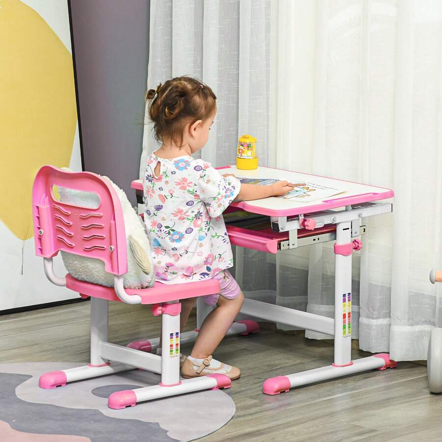 HOMCOM Kids Desk And Chair Set, Height Adjustable Student Writing Desk, Children School Study Table With Tiltable Desktop, Drawer, Pen Slot, Hook - Pink - Pink - View 1