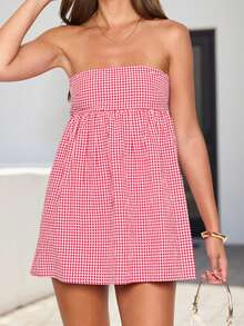 Women Summer Mini Bandeau Dress Off Shoulder Strapless Plaid Tube Top Dress With 2 Pockets - Red - View 4