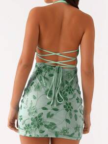 Floral Halter Mini Dress For Women Summer Fashionable Beaded Sleeveless Backless Bodycon Short Dress - màu xanh lá - Xem 6