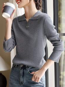 Korean Fashion Elegant Knitted Polo Collar Sweater For Women, Metal Decor, Long Sleeve Pullover Top, Suitable For Commuting, Dating, Can Be Worn Inside Or Outside, Autumn/Winter