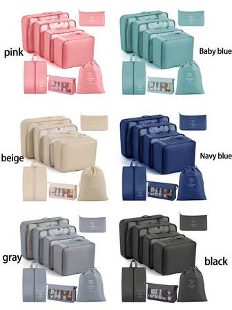 9pcs/7pcs Travel Organizer Set - Waterproof Packing Cubes, Portable Luggage Bags, Clothes Storage Bags, Travel Organizer Bags, Minimalist Polyester Luggage Organizers, Travel Essentials, Drawstring Travel Bags, Multi-Size Travel Organizer Bags For Men & Women, Bedroom, Dorm, Moving, Foldable Airplane Carry-On Luggage Organizers, Dorm Essentials, Back To School, Beach Vacation, Boho Style, Christmas Gift