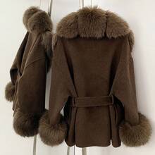 OFTBUY Solid Color Faux Fur Collar Belted Woolen Coat, Casual Street Style For Autumn/Winter