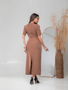 Long Dress With Short Sleeves With Belt Formal And Evening V775 - Marrón Mocha - Ver 2